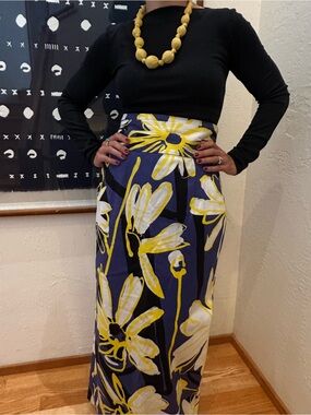 Anthropologie WHIT Two Maxi Floral Bold Print Skirt in Navy, Yellow & White